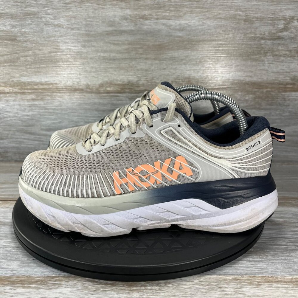 Hoka One One Bondi 7 Gray and Coral Athletic Shoes